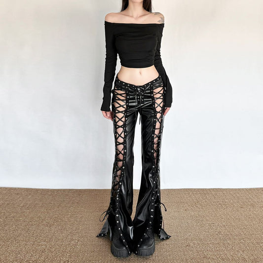 Pantalone pelle aperto a Stringhe