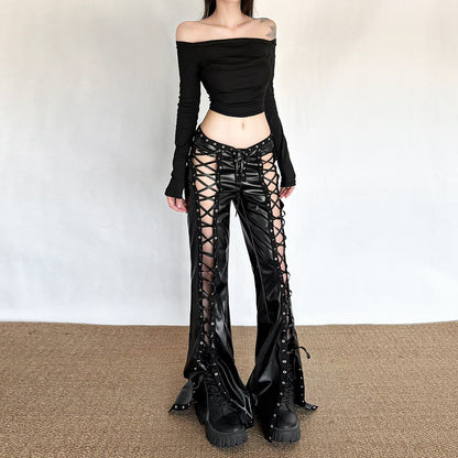 Pantalone pelle aperto a Stringhe